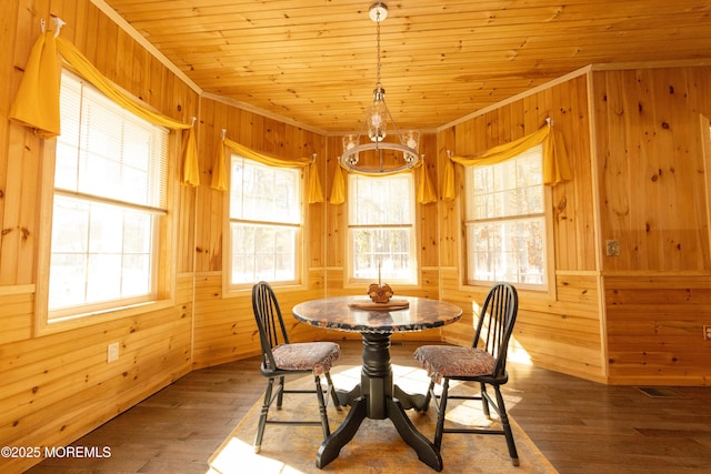 dining area featuring hardwood / wood-style flooring, wooden walls, and wooden ceiling