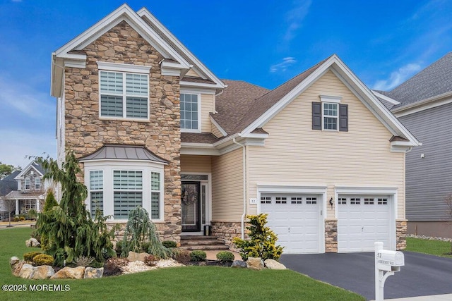 craftsman-style house with a garage, stone siding, roof with shingles, and aphalt driveway