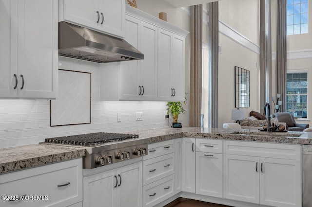 kitchen with light stone counters, stainless steel appliances, white cabinets, under cabinet range hood, and backsplash