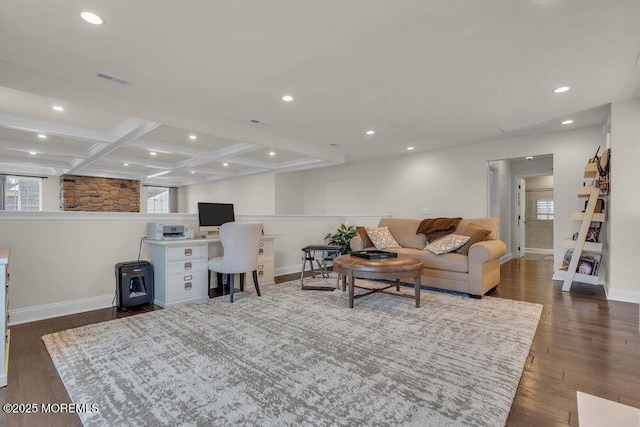 living room with beamed ceiling, coffered ceiling, wood finished floors, recessed lighting, and baseboards