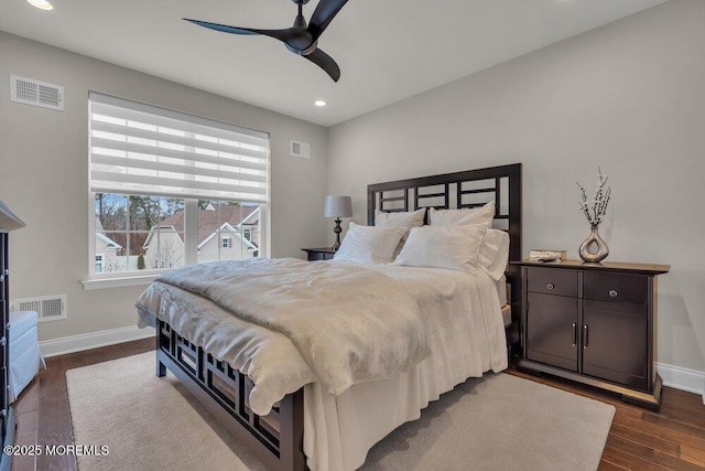 bedroom featuring recessed lighting, visible vents, baseboards, and dark wood-type flooring