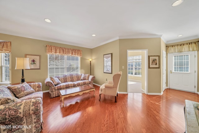 living room featuring a wealth of natural light, wood-type flooring, and ornamental molding