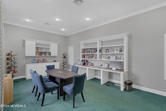 dining space with ornamental molding and dark colored carpet