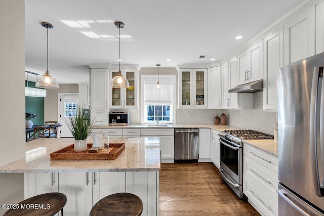 kitchen featuring white cabinets, under cabinet range hood, stainless steel appliances, and a kitchen breakfast bar