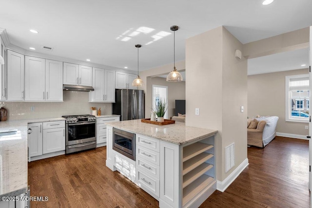 kitchen with appliances with stainless steel finishes, white cabinetry, dark wood finished floors, and under cabinet range hood