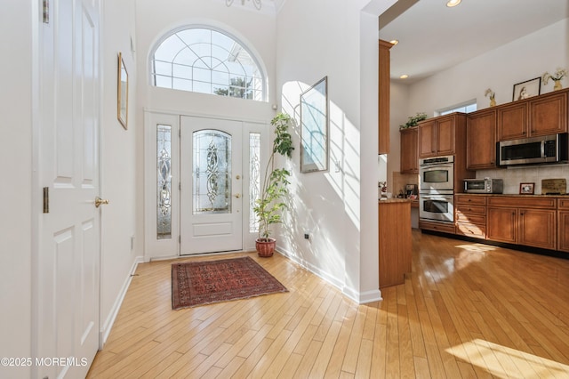 foyer with light hardwood / wood-style floors and a high ceiling