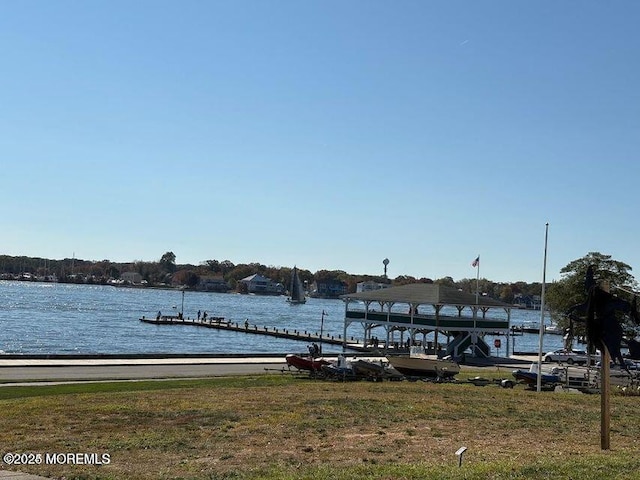 dock area with a yard and a water view