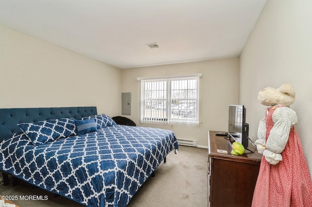 carpeted bedroom featuring a baseboard radiator, electric panel, and visible vents