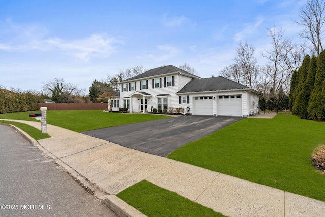 colonial-style house with a front lawn, an attached garage, and aphalt driveway