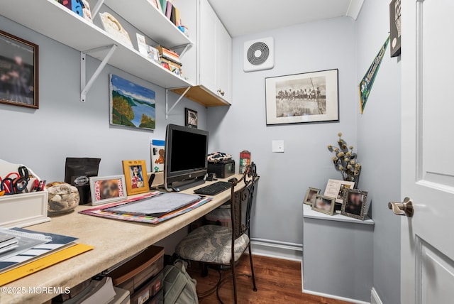 home office featuring visible vents, baseboards, and dark wood finished floors