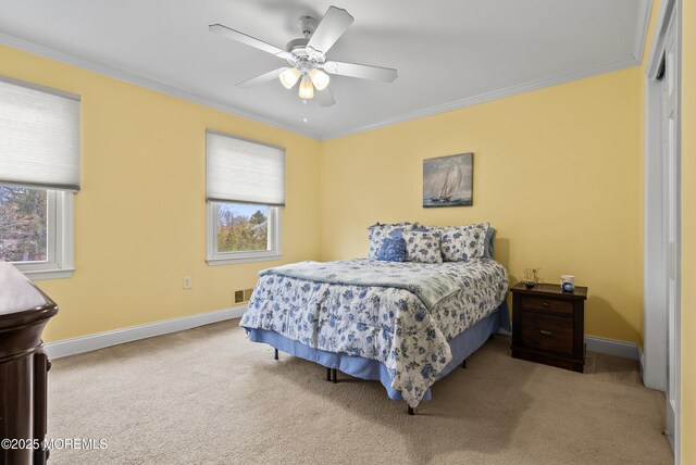 bedroom featuring carpet, multiple windows, and crown molding