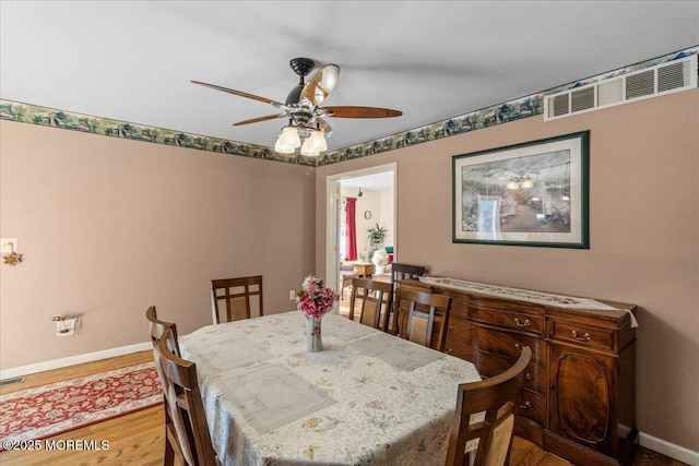 dining room with ceiling fan, light wood-style flooring, visible vents, and baseboards