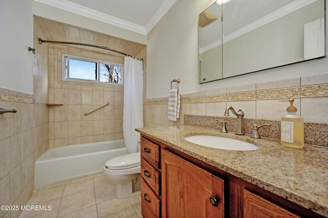 full bathroom with tile walls, crown molding, tile patterned floors, and shower / bath combo with shower curtain