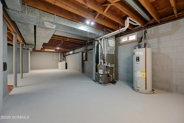 basement with heating unit and water heater