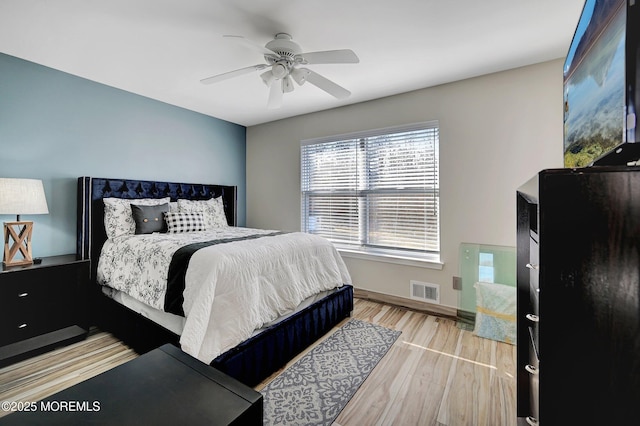 bedroom featuring ceiling fan and light wood-type flooring