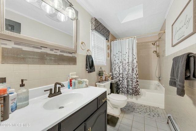 full bathroom with shower / bathtub combination with curtain, tile patterned flooring, toilet, tile walls, and a baseboard radiator