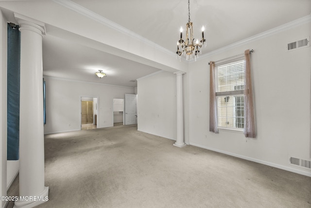 interior space featuring a chandelier, crown molding, ornate columns, and carpet