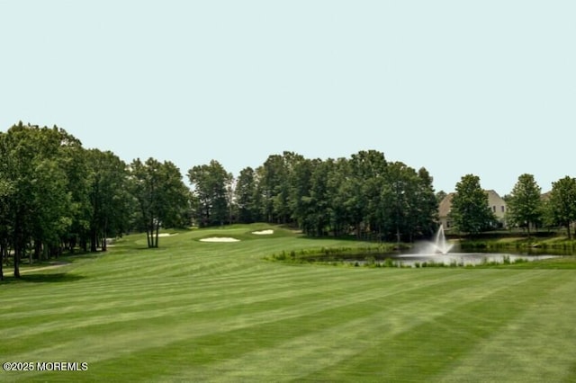 view of property's community with a water view and a lawn