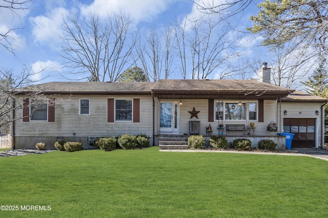 ranch-style home featuring a garage, driveway, a front lawn, and a chimney