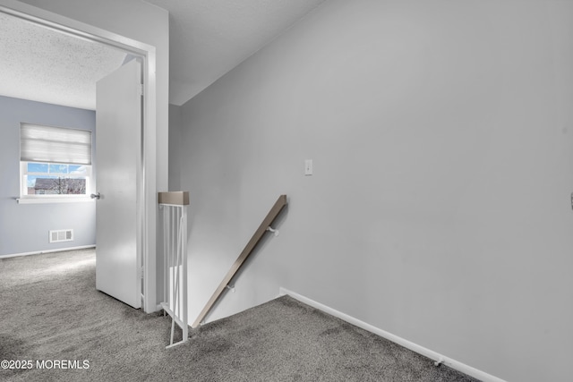 staircase featuring carpet floors and a textured ceiling