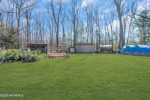 view of yard featuring a vegetable garden, an outdoor structure, and a storage unit