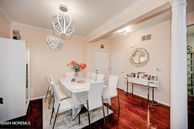 dining room with ornamental molding, dark hardwood / wood-style floors, and a notable chandelier