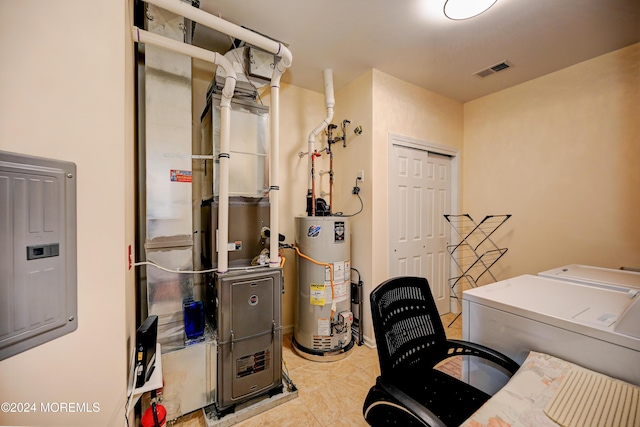 office space featuring electric panel, washing machine and dryer, and water heater