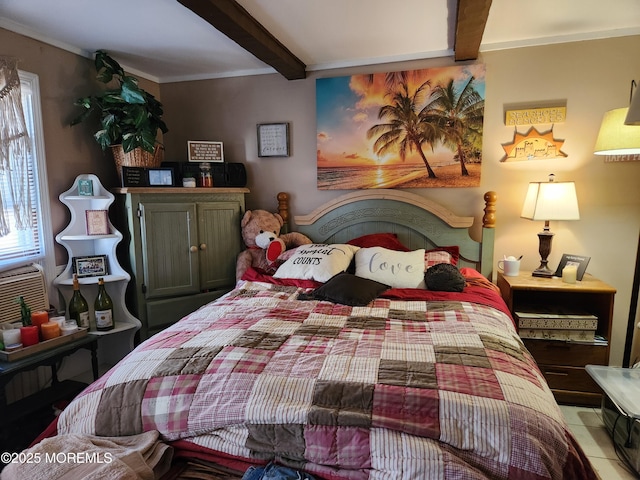 tiled bedroom with beam ceiling