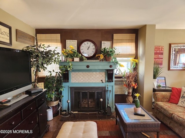 living area with a fireplace and dark wood-type flooring