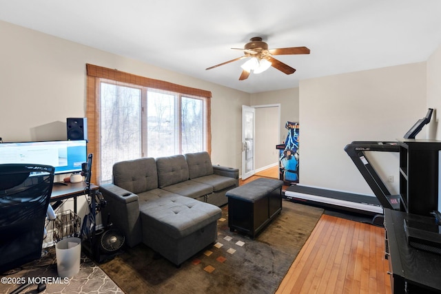 living room featuring ceiling fan and dark wood-type flooring