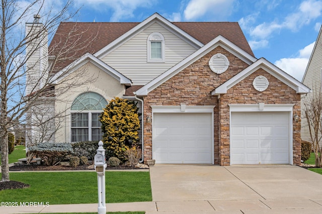 view of property featuring a front lawn and a garage