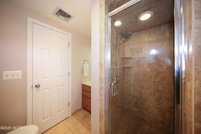 full bathroom featuring a stall shower, visible vents, toilet, tile patterned floors, and vanity