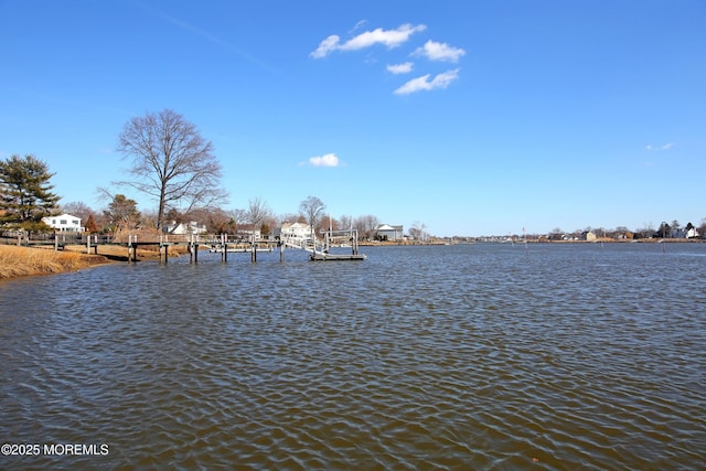 view of water feature with a dock