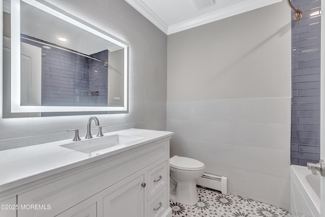 full bathroom with a baseboard radiator, tile walls, vanity, toilet, and crown molding