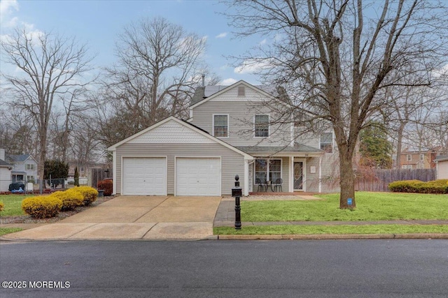 view of property featuring a garage and a front yard