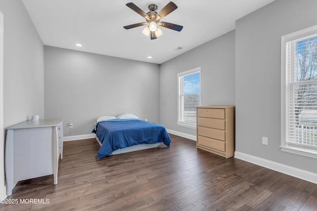 bedroom with visible vents, baseboards, a ceiling fan, dark wood-style flooring, and recessed lighting