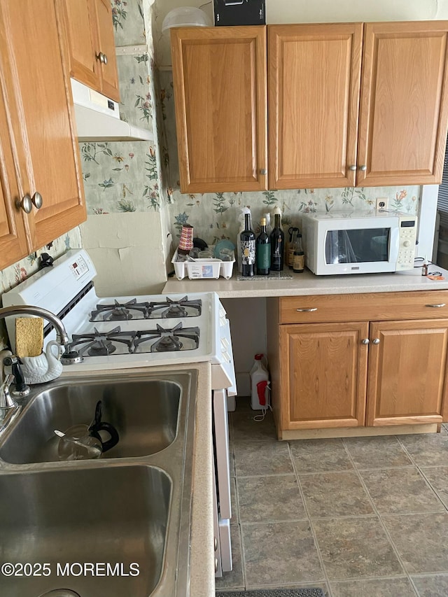 kitchen with range with gas stovetop, sink, and tasteful backsplash