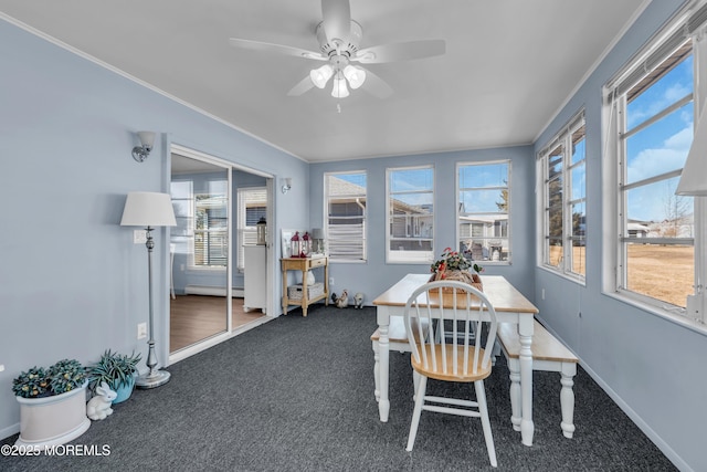 sunroom featuring a baseboard radiator and a ceiling fan