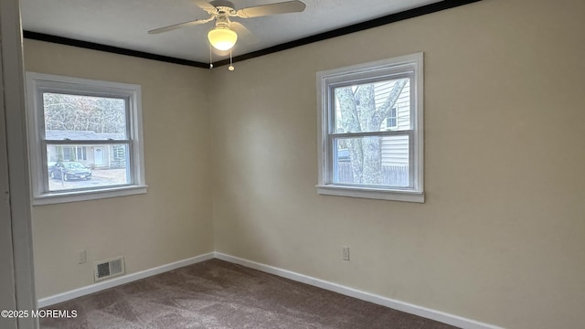 carpeted spare room featuring a wealth of natural light, visible vents, baseboards, and ornamental molding