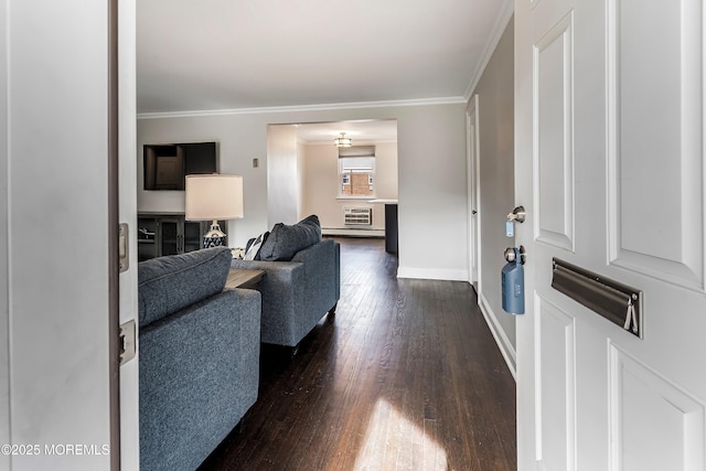 living room featuring ornamental molding and dark wood-type flooring