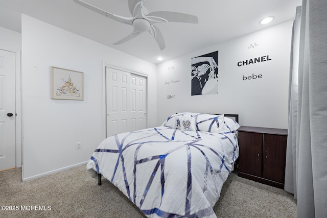 bedroom featuring recessed lighting, a closet, light carpet, ceiling fan, and baseboards