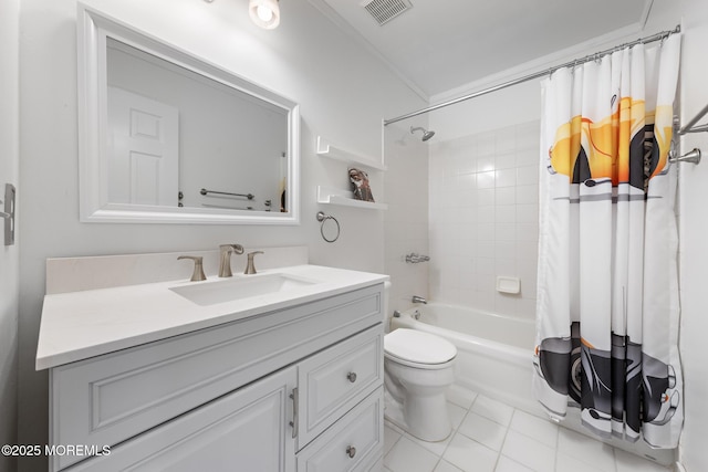 bathroom with tile patterned flooring, toilet, vanity, visible vents, and shower / bathtub combination with curtain