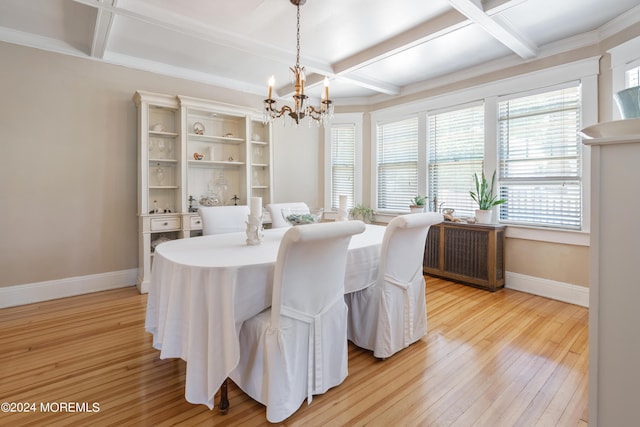 dining space featuring beam ceiling, light wood-style flooring, a chandelier, coffered ceiling, and baseboards