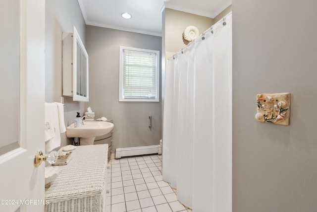 full bathroom featuring crown molding, tile patterned flooring, a sink, and baseboard heating