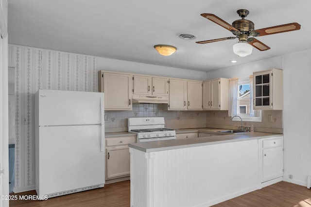 kitchen featuring white appliances, under cabinet range hood, light countertops, and a sink