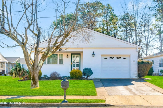 single story home featuring driveway, a garage, central AC unit, and a front lawn