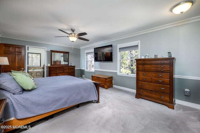 bedroom with light carpet, ceiling fan, crown molding, and baseboards