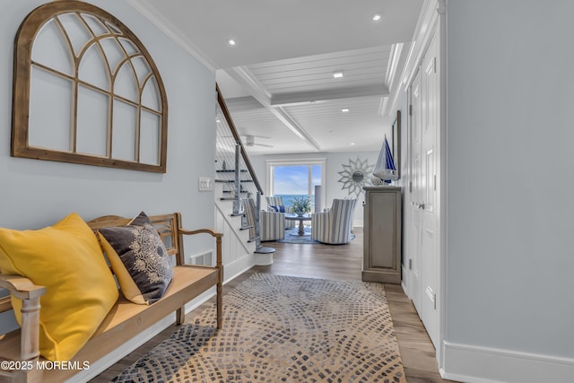 388 Ocean Ave N Unit 6D, Long Branch, NJ 07740 - entrance foyer featuring stairway, recessed lighting, wood finished floors, beam ceiling, and ornamental molding