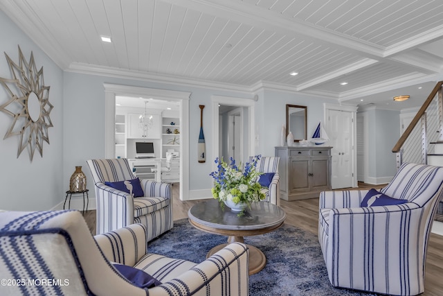388 Ocean Ave N Unit 6D, Long Branch, NJ 07740 - living room featuring wood finished floors, crown molding, recessed lighting, stairway, and built in features