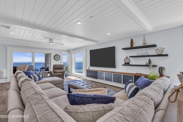 388 Ocean Ave N Unit 6D, Long Branch, NJ 07740 - living area featuring wood finished floors, a wood ceiling with exposed beams, recessed lighting, and ceiling fan